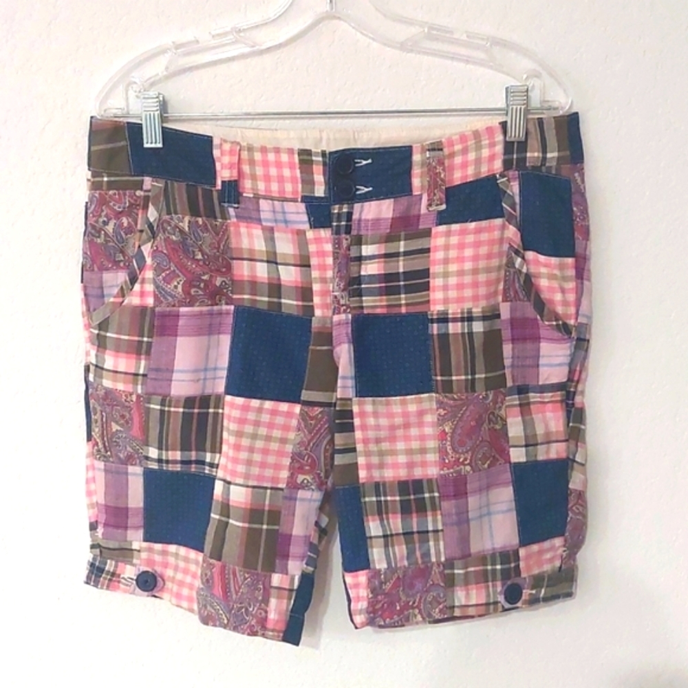 Patchwork Plaid Women’s Shorts - Pink Multi